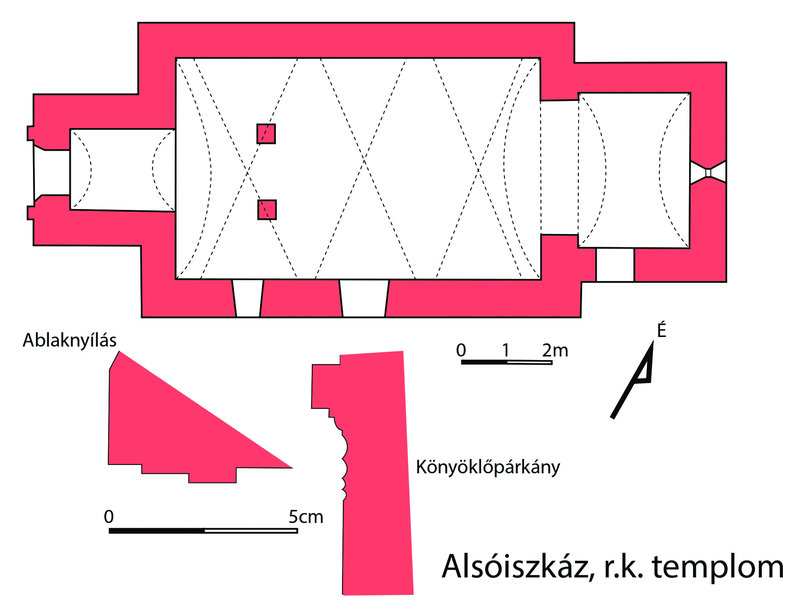 A templom alaprajza, a hajóablakok keretezésének és könyöklőpárkányának profilrajzai (rajz: Jankovics Norbert, Fülöp András)