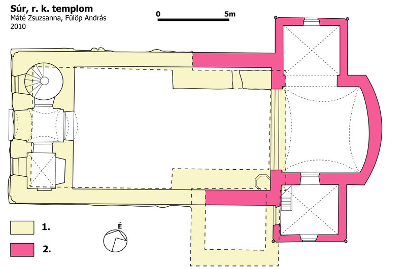 A templom periodizációs alaprajza Máté Zsuzsanna felmérése nyomán, jelölve a korábbi templom falai (rajz: Fülöp András-Jankovics Norbert)